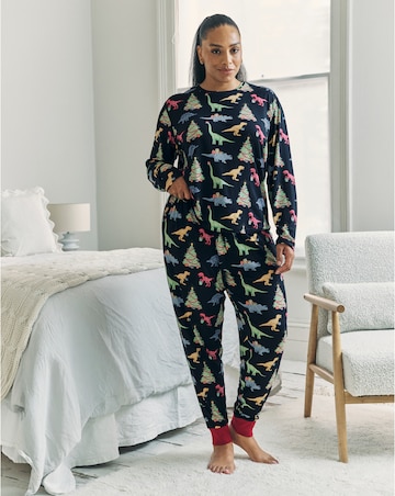 Chelsea Peers Jersey Crew Neck Christmas Dinosaur Print Pyjama Set