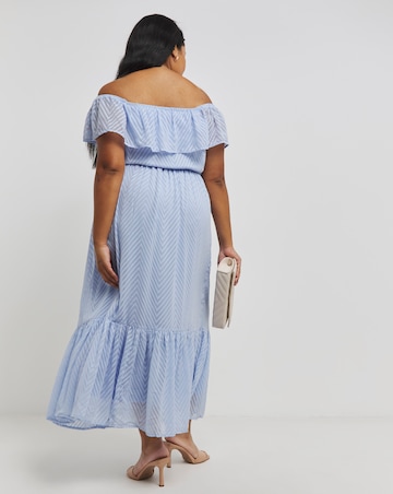 Blue Embroidered Tiered Bardot Maxi Dress
