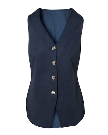 Navy Pinstripe Ponte V-Neck Gold Button Detail Waistcoat