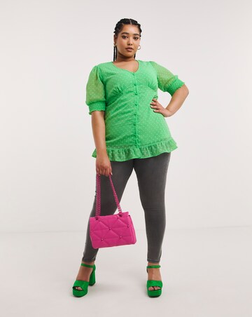 Green Dobby Button Through Blouse with Frill Detailing