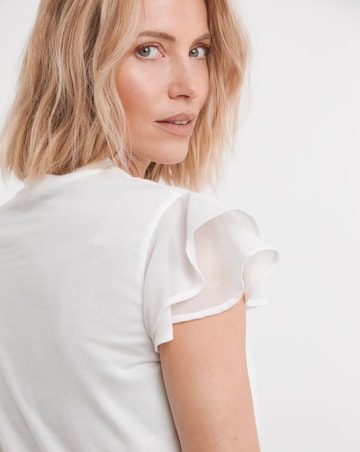 Pure Cotton White Crew Neck Chiffon Sleeve Top