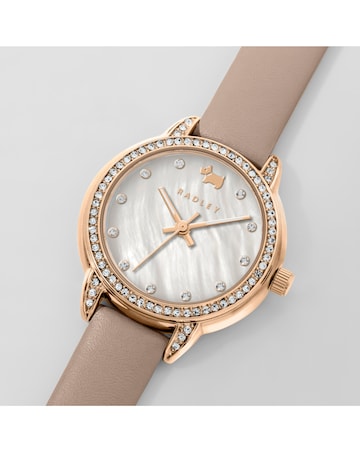 Radley Rose Gold Plated Mother of Pearl Cobweb Pink Leather Strap Watch