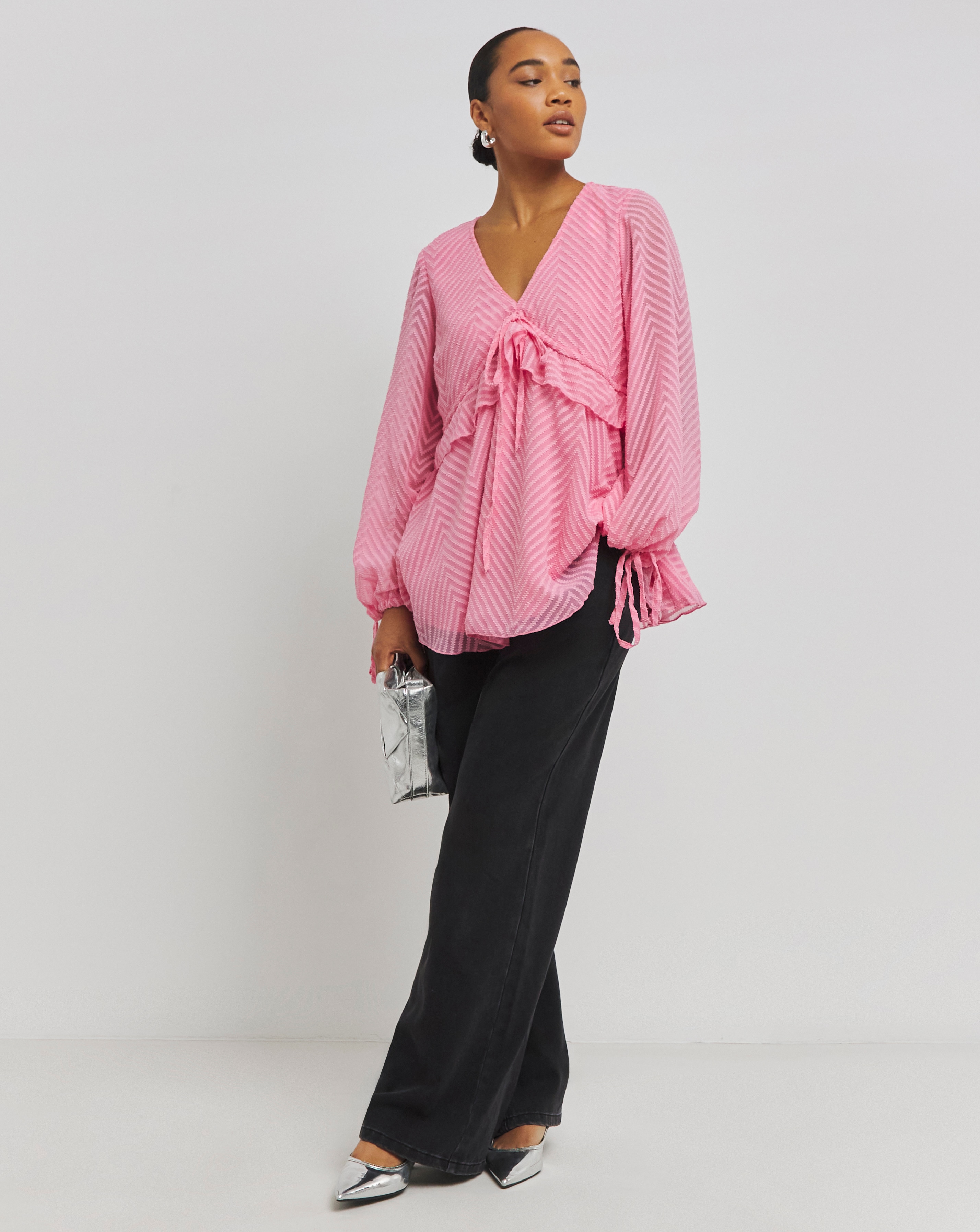 Pink Jacquard Long Sleeve V-Neck Smock Top with Frill & Tie Front