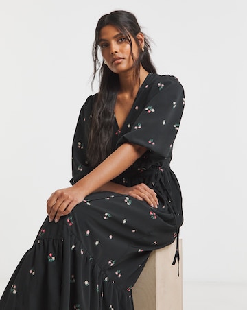 Simply Be Simply Be Ditsy Print Puff Sleeve Woven Wrap Midi Dress