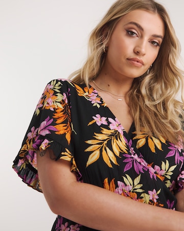 Tropical Print Crinkle Wrap Skater Dress With EcoVero TM Viscose