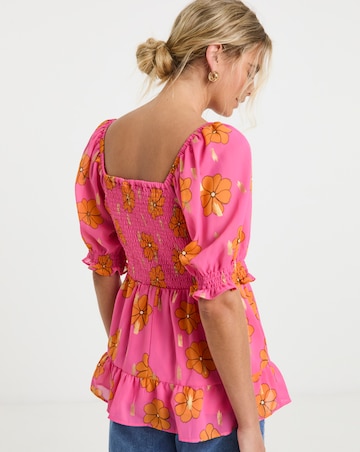 Foil Print Floral Sweetheart Shirred Peplum Top with Frill Detailing