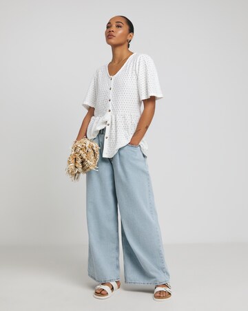 Ivory Broderie Button Through Peplum Hem Top