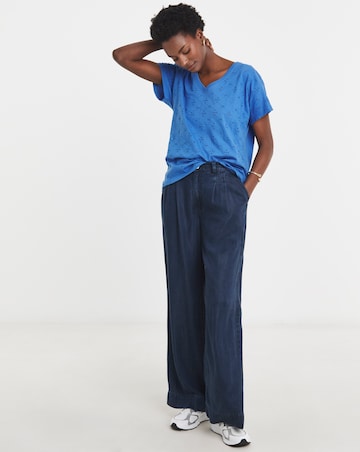 Blue V-Neck Broderie Short Sleeve T-Shirt