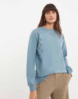 Pure Cotton Crew Neck Cutwork Long Sleeve Sweatshirt