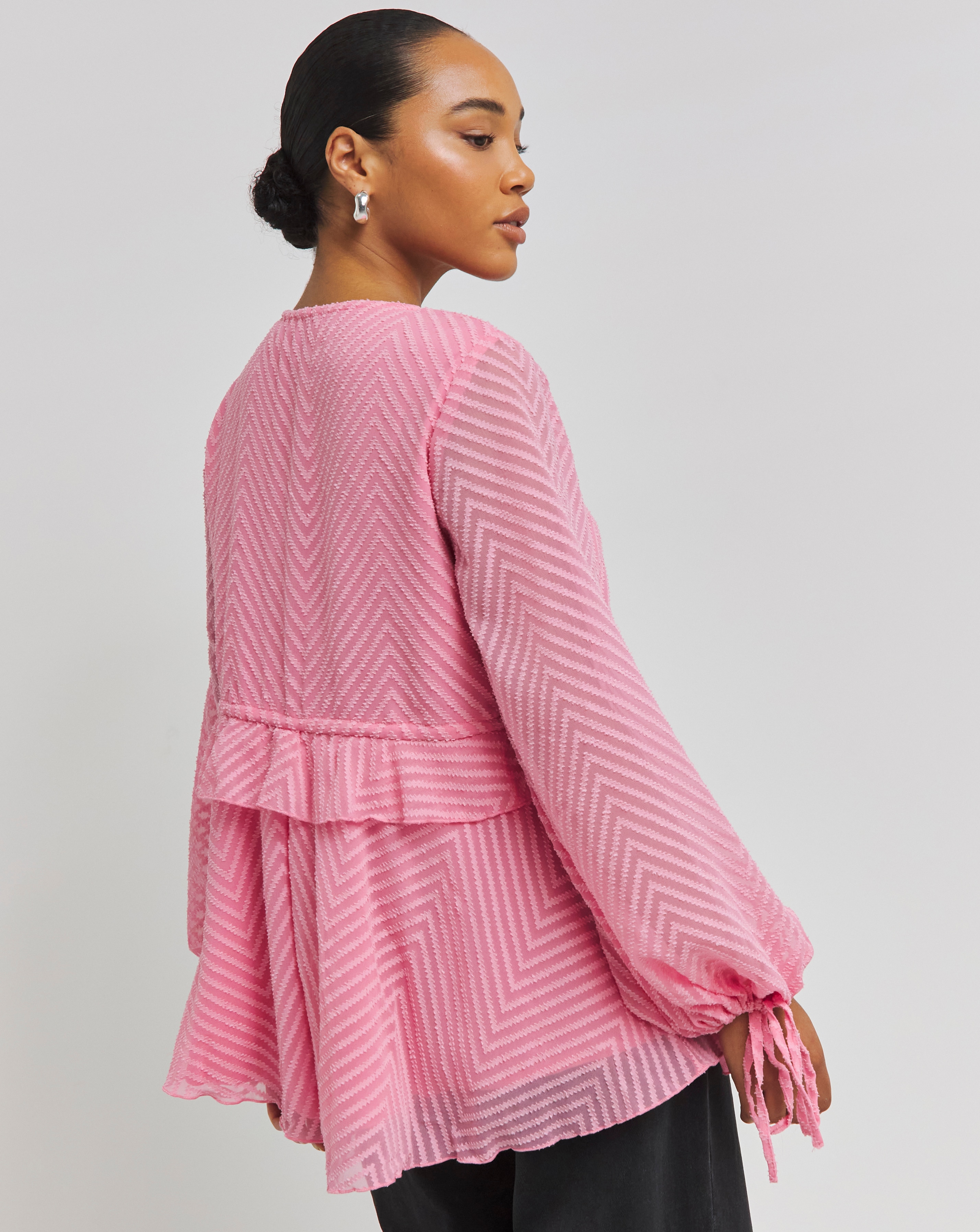 Pink Jacquard Long Sleeve V-Neck Smock Top with Frill & Tie Front