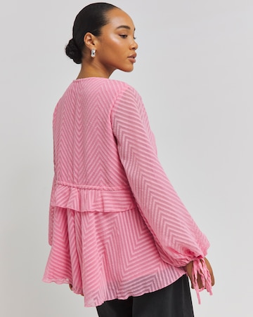 Pink Jacquard Long Sleeve V-Neck Smock Top with Frill & Tie Front Detailing