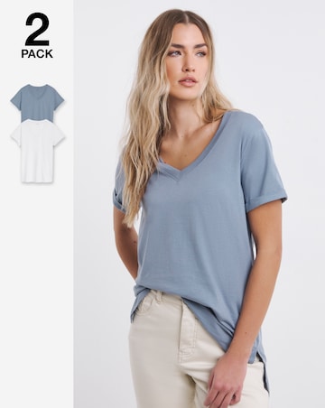Simply Be White & Blue 2 Pack Longline Pure Cotton V Neck T-Shirts