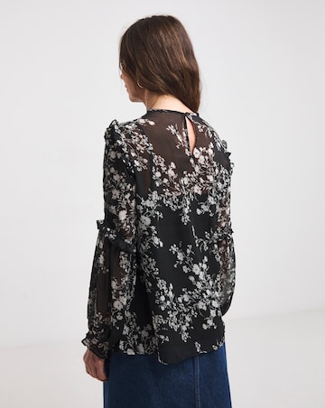 Mono Print Volume Sleeve Cold Shoulder Top