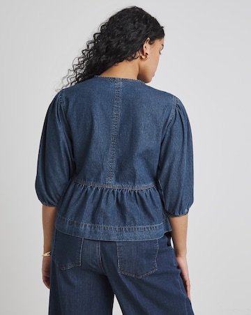 Dark Blue Tie Front Denim Peplum Blouse