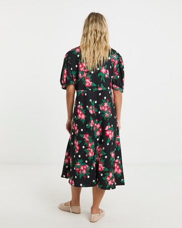 Mixed Print Waffle Puff Sleeve A Line Midi Dress