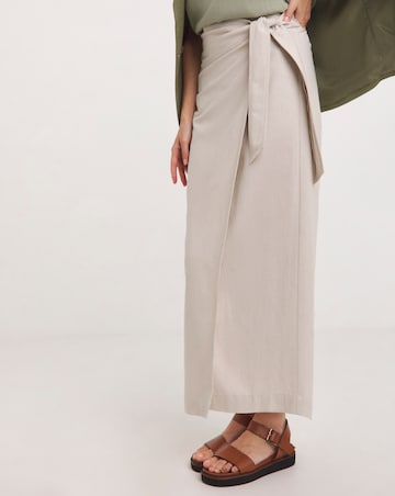 Stone Linen Mix Midi Wrap Skirt