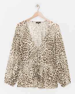 Leopard Print Mesh Tie Front Blouse