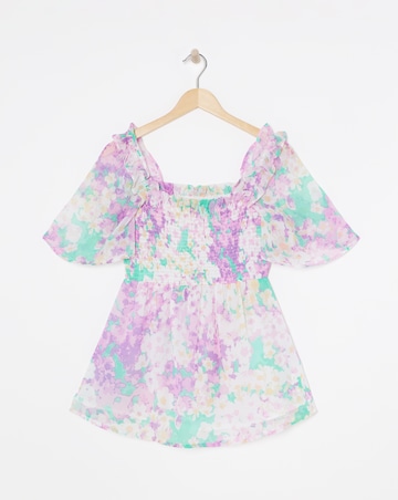 Floral Print Occasion Shirred Square Neck Blouse