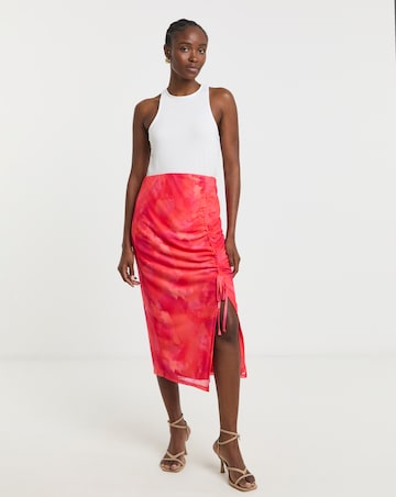 Simply Be Pink Tie Dye Mesh Overlay Ruched Side Midi Skirt