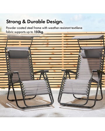 VonHaus Verona Grey Zero Gravity Reclining Garden Chairs with Canopy - Set of 2