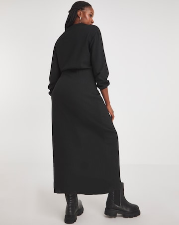 Black Textured Jersey Wrap Front Midi Shirt Dress