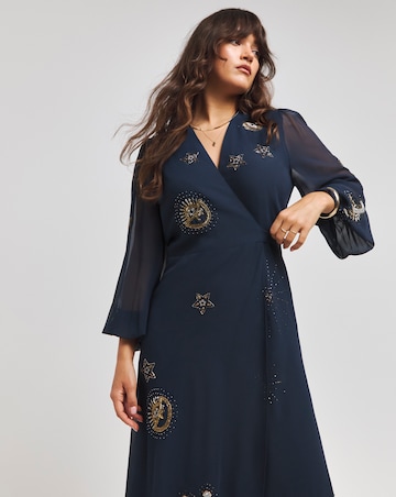 Hope & Ivy Kai Navy Embroidered Wrap Dress