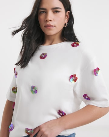 Simply Be White Embellished Flower T-Shirt