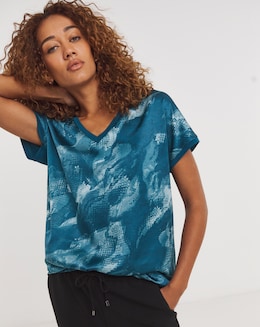 V Neck Printed Satin Front Longline Top