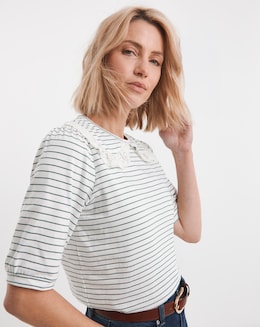 Pure Cotton Stripe Crew Neck Lace Collar Top