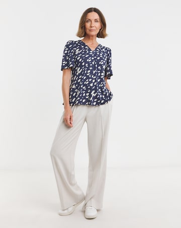 Navy Print V Neck Angel Sleeve Top