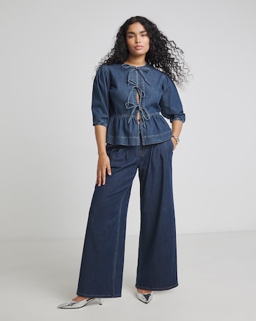 Dark Blue Tie Front Denim Peplum Blouse