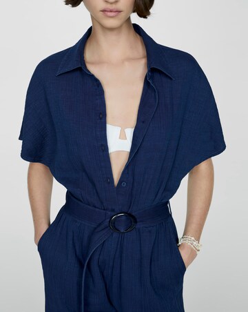 Mango Textured Cotton Navy Jumpsuit