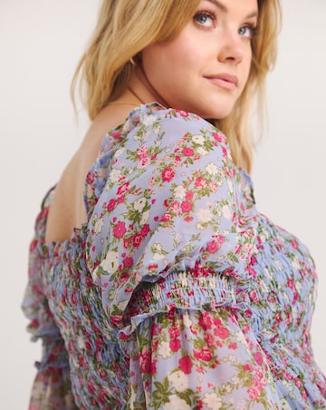 Floral Print Shirred Square Neck Peplum Blouse with Sleeve Detail