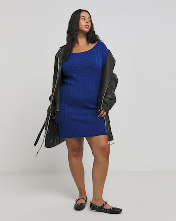 Blue Rib Slash Neck Knitted Mini Dress