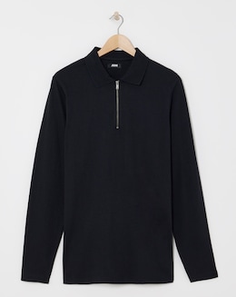 Jersey Zip Neck Polo- Black