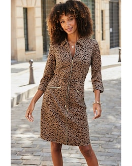Sosander Leopard Print 3/4 Sleeve Denim Dress