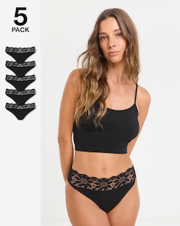 Pretty Secrets (5 Pack) Lace Top No VPL Thong Knickers Black