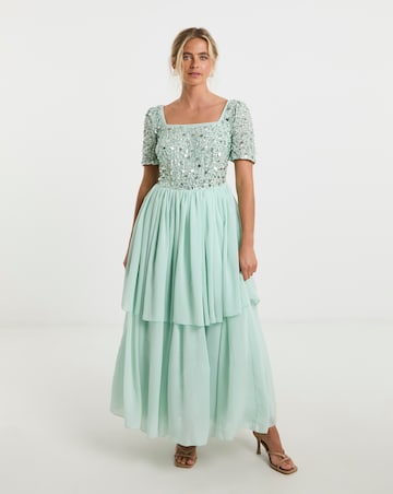 Maya Curve Sequin Embellished Tiered Tulle Maxi Dress