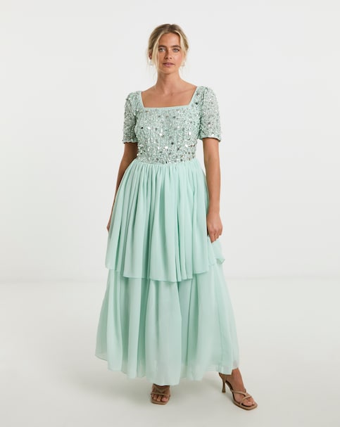 Maya Curve Sequin Embellished Tiered Tulle Maxi Dress