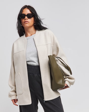 Stone Faux Wool Zip Through Bomber Jacket