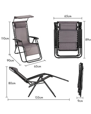 VonHaus Verona Grey Zero Gravity Reclining Garden Chairs with Canopy - Set of 2