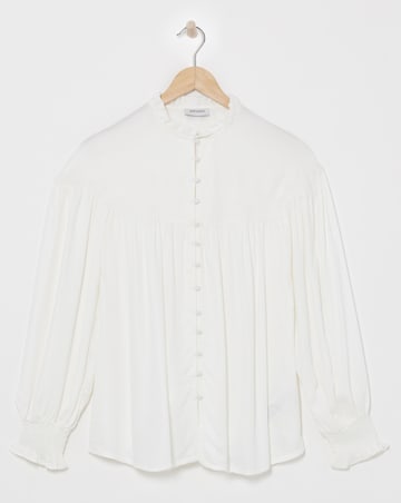 Womens Twill Collarless Blouson Sleeve Blouse- Ivory