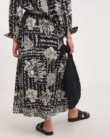 Border Print Linen Mix Midi Wrap Skirt