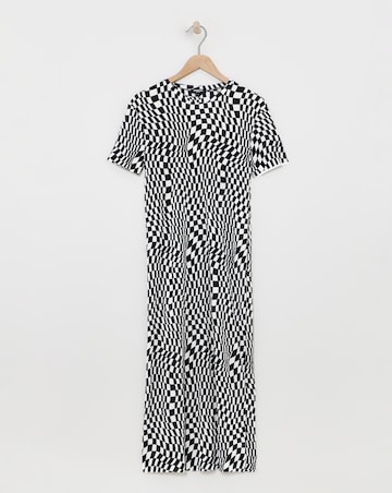 Checkerboard Print Plisse T-Shirt Midi Dress