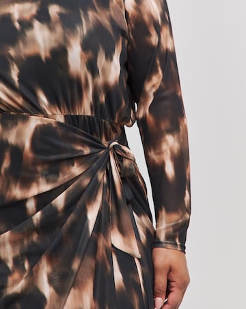 Brown Blur Print Wrap Front Mesh Midi Dress