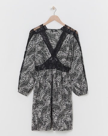 Snake Print Lace Insert Skater Dress With Shirred Waist