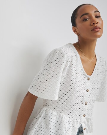 Ivory Broderie Button Through Peplum Hem Top