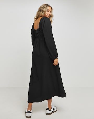 Black Square Neck Textured Waffle Jersey Midi Dress