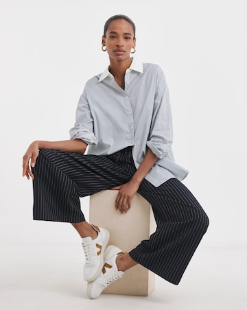 Womens Cotton Poplin Contrast Collar Oversized Shirt - Blue Stripe
