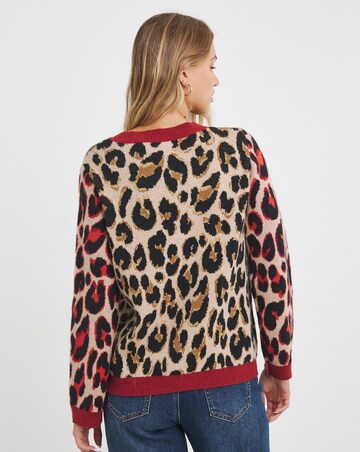 Simply Be Neutral & Red Leopard Jacquard Cardigan
